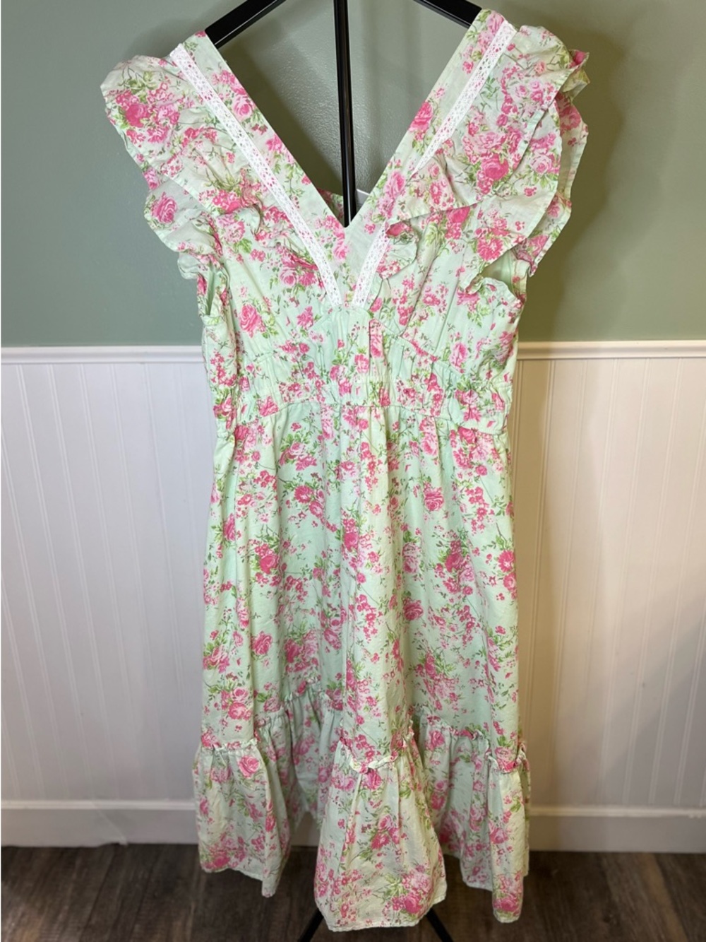 Shabby Chic Mint Green Dress with Pink Floral Print. Size XXL